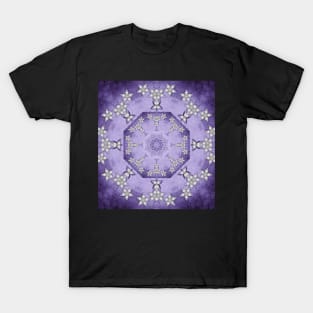 Silver flowers on deep purple textured mandala T-Shirt